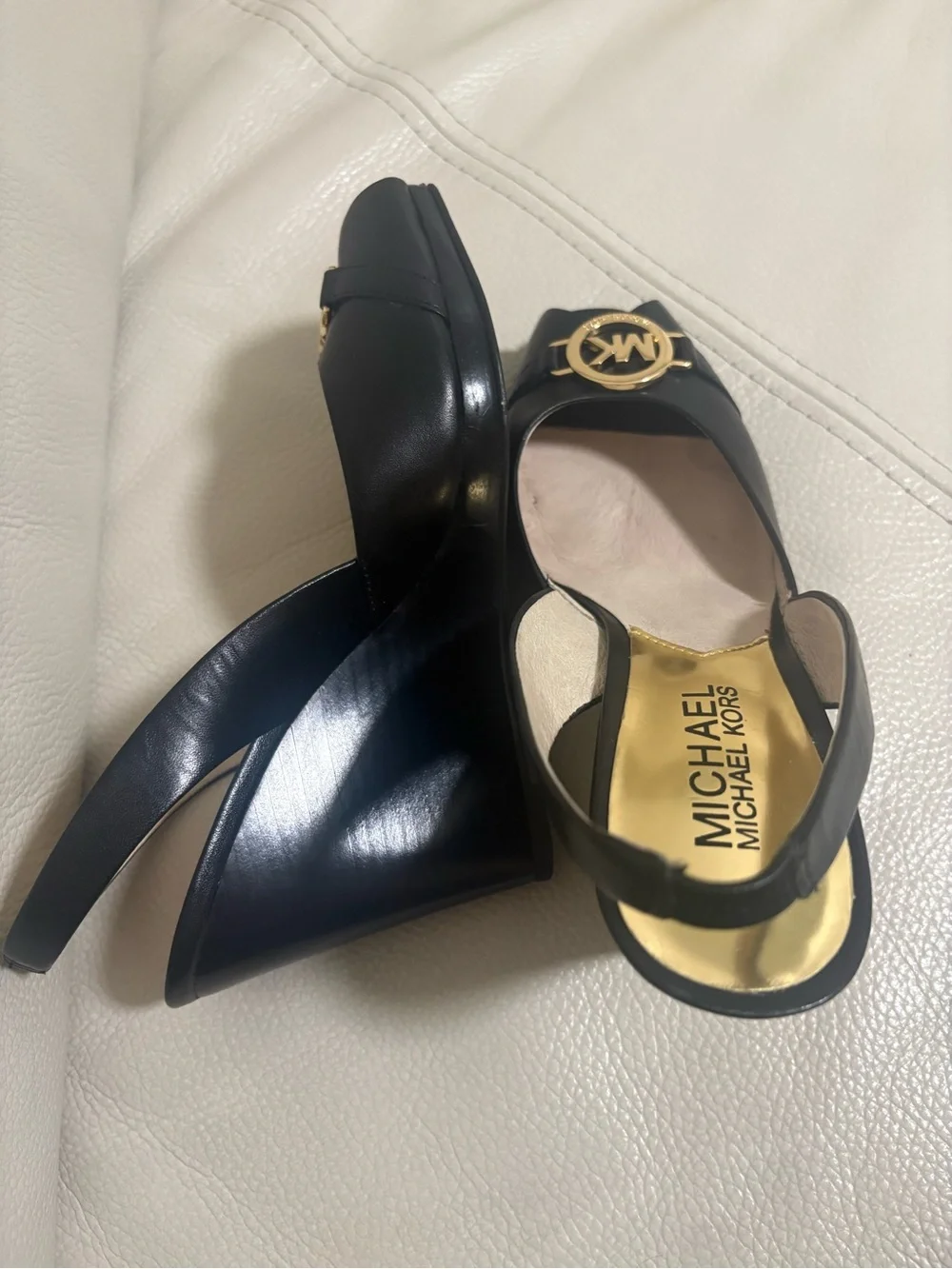 Michael Kors Black Leather Slingback Peep-Toe Heels with Gold MK Logo Size 5.5